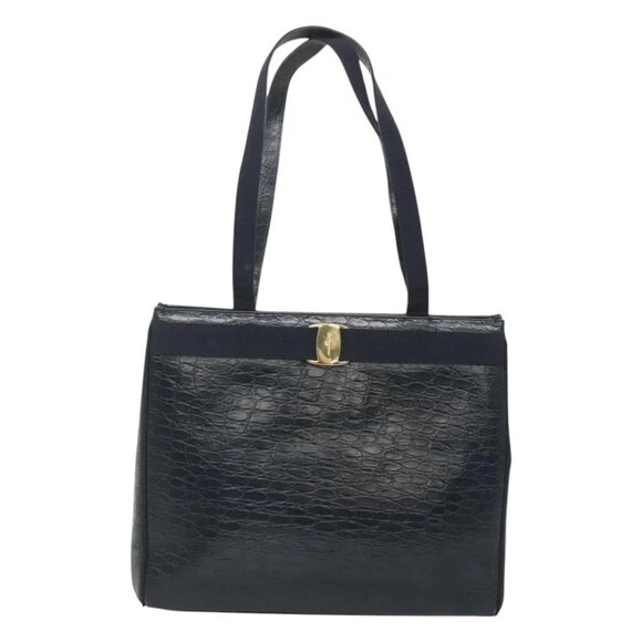 Salvatore Ferragamo Shoulder Bag Leather Navy Gold Auth - Picture 2 of 16